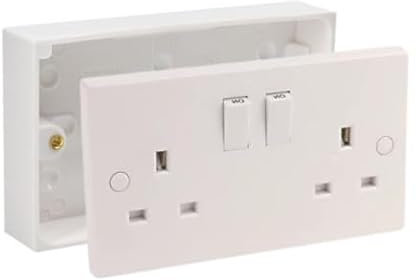 13A Double White Switched Socket Electrical Outlet with Fixing Screws & Double Pattress Back Box Surface Mounted 2 Gang (1, SET with 25mm Box)