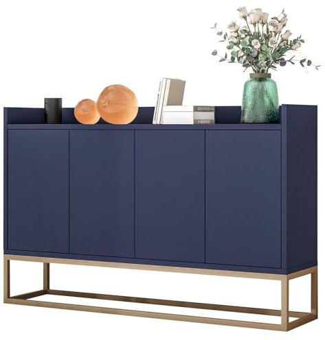 Sideboard mit Golden Metallbein 4 Türen Sideboard TV-Schrank Schubladenkommode Holz Mehrzweckschrank für Flur Schlafzimmer Wohnzimmer Esszimmer, Wohnzimmer, Küche, 120 × 30 × 80 cm (L/B/H), Blau