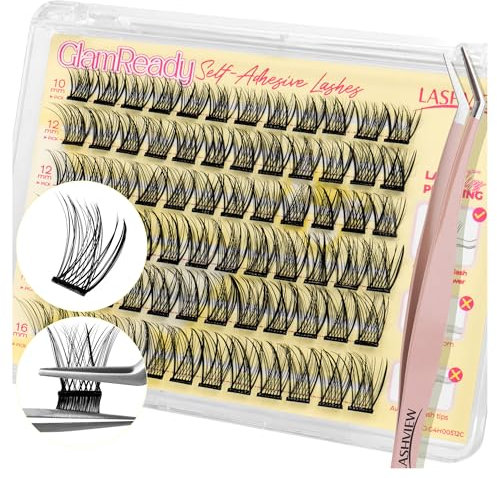 LASHVIEW Pre Glued Cluster Lashes,Pre Glued Eyelashes 10-16mm Self Adhesive Eyelashes with Lash Tweezers,No Glue Needed Natural Self Adhesive DIY Eyelash Extension Kit 60pcs (A01)