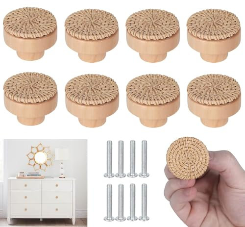 ZHENXITC 8 Stück Rattan Möbelknöpfe Schrankknöpfe, Holz Tür Schubladengriffe, Holz Kommodenknöpfe Schubladenknöpfe Vintage Schubladenschrank Griffe