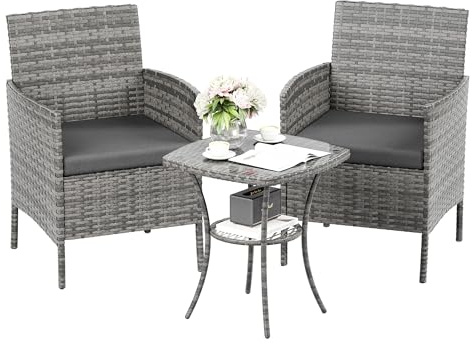 UDPATIO Garden Furniture Set 3 PCS Rattan Patio Conservatory Outdoor Bistro Set Patio Weave Companion Chair Table Set Grey