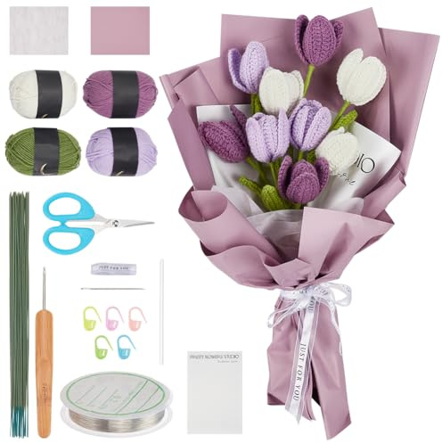 INFUNLY 10 Pcs Tulip Crochet Kits for Beginners Complete Flower Crochet Kits for Adults Kids Starters with Instruction and Video Tutorials Crochet Kit Gift for Mother's Day Wedding Birthday