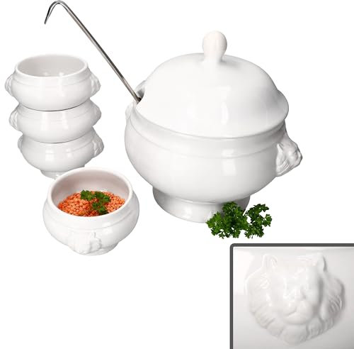 MamboCat Leo Lot de 5 terrines tête de lion avec ou sans couvercle I 4 x 0,25 l et 1 x 2 l I Bol à soupe blanc avec têtes de lion pour soupe et ragoûts