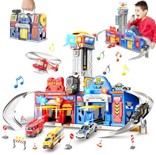 TERRAMUS Jouets pour tout-petits garçons de 3, 4, 5, 6 ans, véhicule de sauvetage d'urgence urbain, camion, ensemble de jeu avec son léger, kit de police et caserne de pompiers, cadeau d'anniversaire