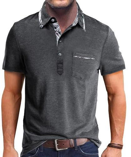 Comilaka Men's Short Sleeve Casual Polo Shirts Classic Button Contrasting Colors T- Shirts with Pocket Stylish Tops Dark Grey
