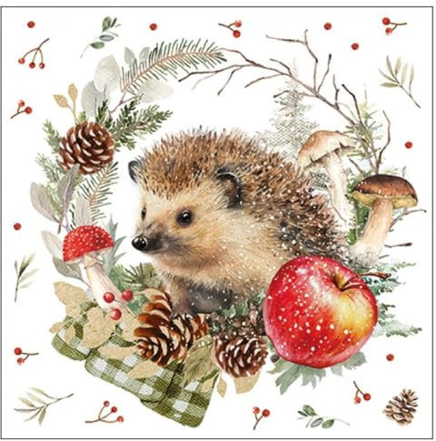 20 Servietten Herbst Igel im Herbstkranz als Tischdeko. Papierservietten mit Motiv. Auch für Decoupage und Serviettentechnik 33x33cm