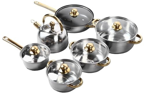 Set di pentole e padelle da 12 pezzi, set di pentole da cucina a induzione antiaderente con padella, casseruola, pentola e bollitore Pentole in acciaio inossidabile con manico