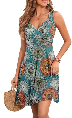 YUTILA Sommerkleid Damen V-Ausschnitt Ärmelloses Kleider Midi Blumenmuster Leicht Kleid Strandkleid