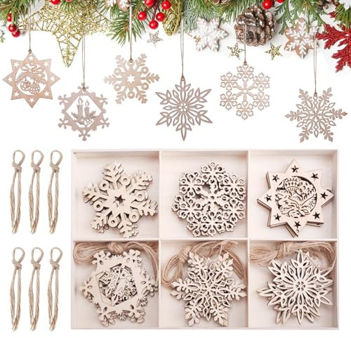 MytaYt Weihnachtsbaumschmuck Set 30er Schneeflocken Deko Christbaumschmuck Holz Weihnachtsanhänger 8cm Holzanhänger Weihnachten Deko mit Box Weihnachtlicher Baumschmuck für DIY Christbaum Deko