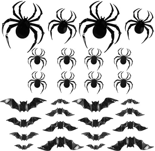 Volumoon Decoraciones de Halloween, 16 Piezas Murciélagos Pegatina 3D, 12 Piezas Arañas Decoración, PVC, Adhesivo Araña, Pegatinas de Pared de Murciélago, Halloween pegatinas para Fiestas