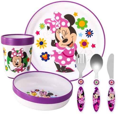 Minnie Mouse Kids 6 Piece Reusable Dinner Set - Plate/Bowl/Cup/Knife/Fork/Spoon - Childrens Dinnerware Tableware Cutlery Set