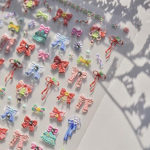 JMEOWIO 3D Embossed Colorful Bow Nail Art Stickers Decals Self-Adhesive 5D Nail Supplies Nail Art Design Decoration Accessories 1 Sheets