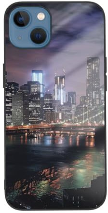 JCVOTREL New York Night bedruckte Handyhülle für iPhone 13-6,1 Zoll, stoßfeste Schutzhülle aus gehärtetem Glas, Anti-Fingerabdruck, vergilbt nicht, Weiß