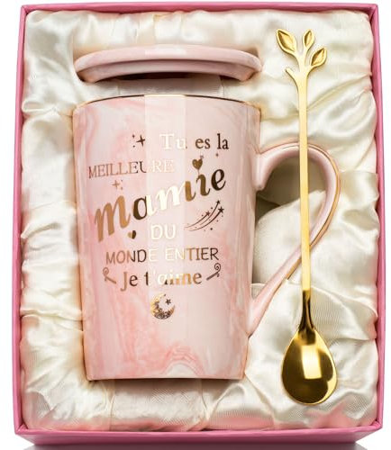YIKILYLIFE Cadeau Grand Mere Cadeau Mamie, Cadea-u Anniversaire Mamie Mug 400ml, Idée Mami-e Tasse Marbré Céramique avec Cuillère, Boîte, Carte, Boîte raffinée