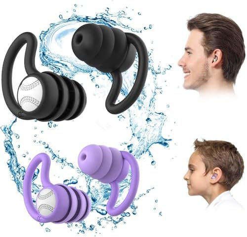 Lot de 2 paires de bouchons d'oreille pour adultes - En silicone souple - Imperméables et réutilisables - Pour la douche, la natation, le surf (Noir + Violet)