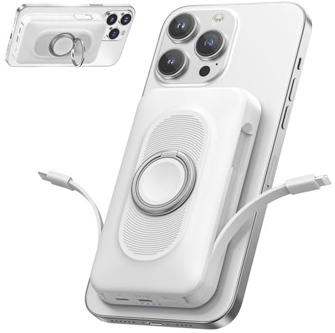 Mag-safe Power Bank 20000mAh, 22.5W PD Wireless Power Bank Fast Charging, Portable Charger with Built in USB-C/IOS cable, Magnetic Battery Pack with Stand for iPhone 16/15/14/13/12 Pro Max White