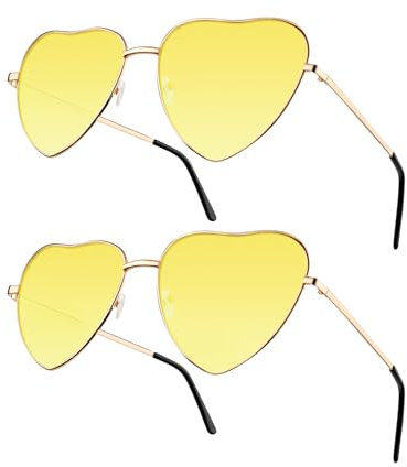 NACHLYNN 2 Pcs Heart Sunglasses Metal Frame Cute Lovely Glasses UV385 Protection Lens for Women Men (Yellow)
