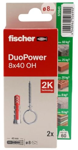 fischer - Duopower 8x40 Con Hembrilla Cerrada - 2U, Tacos para pared multimaterial, sirven para Colgar Bicicletas, Cuadros, Armarios, Soportes de Televisión, Estanterías, Muebles.