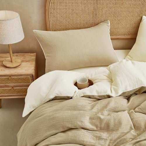 Boqingzhu Bettwäsche 135x200cm Beige Weiß Baumwolle Muslin Kuschelig Weich Kühlende Sommer Wende Bettwaren & Bettwäsche Set Braun Khaki Taupe Creme Bettbezug mit Reißverschluss