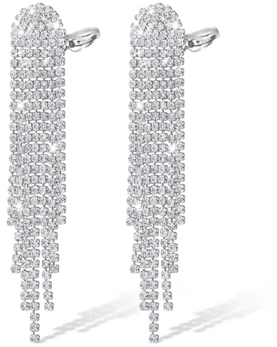 Orecchini con Nappe in Strass, LucBuy Orecchini Pendenti in Argento per Donna, Gioielli Leggeri con Frange lunghe e Cristalli per Matrimoni, Balli di Fine Anno e Feste