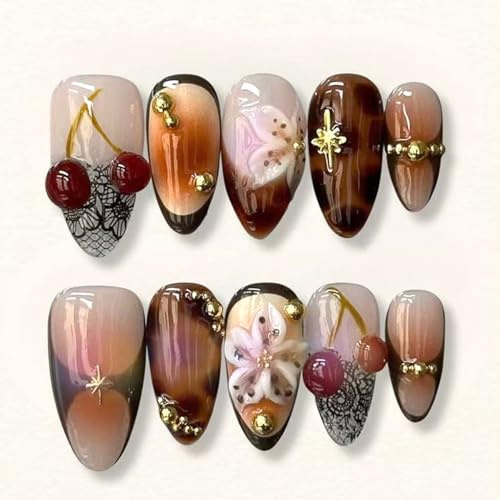 Yamobi Leopard Press on Nails Stiletto – 24Pcs Almond Nails zum Aufkleben, 3D Gold Beads, Cherry Flower Print, Short Leo Kunstnägel zum Aufkleben