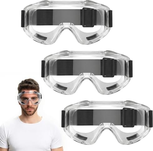 Gykutix 3 Stück Schutzbrille Arbeitsschutzbrille Antibeschlag, Staubschutzbrille, Vollsichtschutzbrille UV-Schutz, Verstellbares Kopfband Vollschutzbrille für Brillenträger Labor Baustelle Werkstatt