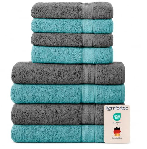 Komfortec Handtuch Set 8 Teilig aus 100% Baumwolle, Anthrazit/Aqua | 4 Badetücher 70x140 cm, 4 Handtücher 50x100 cm, Frottee, Flauschig und Saugstark