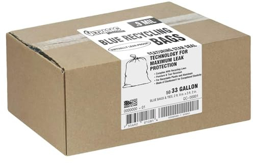 Ultrasac Aluf Plastics AM Recyclingbeutel, robust, groß, blau, 100 l (riesige 50 Stück/mit Bändern), 83,8 x 96,5 cm, professionelle Qualität, hoher Kunststoff-Müll- und Recycling-Müllbeutel für Dosen,