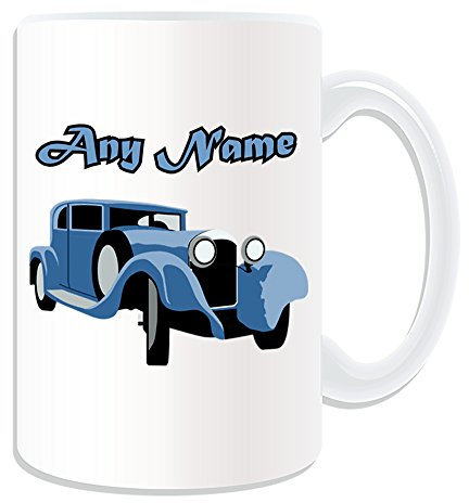 Personalised Gift - Large Blue Vintage Car Mug (Transport Design Theme, White) - Any Name / Message on Your Unique - Passenger Vehicle Automobile Sportscar Classic Retro Old Fashioned Sports Antique Driver