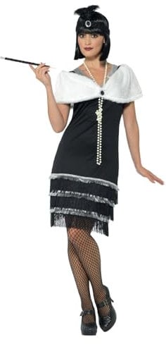 Smiffys Flapper-Kostüm, Schwarz, mit Kleid, Stirnband und Fellstola