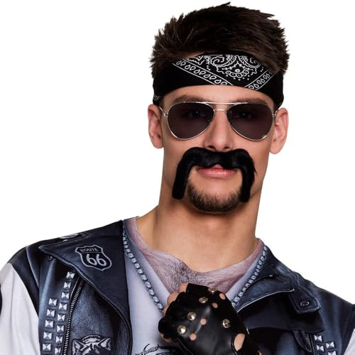 Boland 01814 - Schnurrbart Biker, Einheitsgröße, Schwarz, selbstklebend, Oberlippenbart, Rocker, Kostüm, Verkleidung, Accessoire, Karneval, Fasching, Mottoparty, Halloween