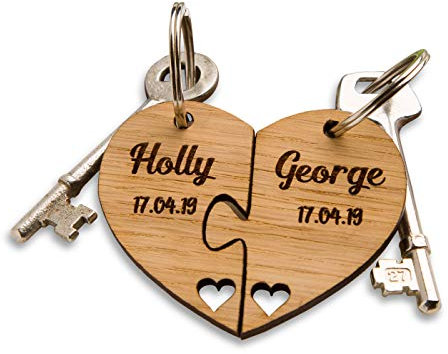 Personalised Jigsaw Heart Wood Keyring Happy 5th Wedding Anniversary Name Date Key Ring Valentines Couples Gift Wedding Day Fifth Year Married Wife Husband Friend Mum Dad Him Her Daughter Son Mr & Mrs