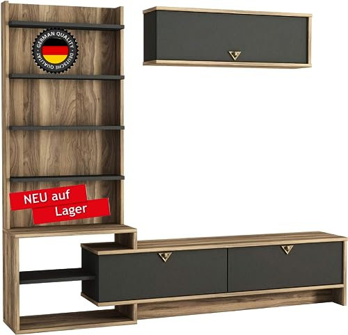 Alphamoebel 4289 Piril Wohnwand TV Lowboard Anbauwand Holz, Walnuss Anthrazit, großes Regalelement mit 7 Ablagen, zuätzliches Hängeregal 180 x 156,8 x 29,5 cm