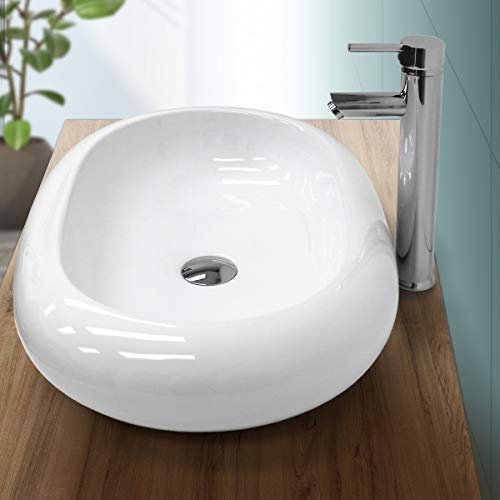 ECD Germany Waschbecken Waschtisch 630x420x120 mm aus Keramik Oval Weiß - Aufsatzbecken Aufsatzwaschbecken Handwaschbecken Aufsatzwaschtisch Spülbecken Becken Wasserfall Waschschale Waschschüssel
