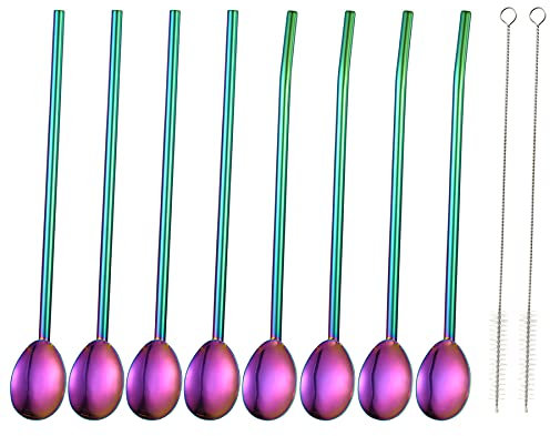 TSWRK 8 Pcs Stainless Steel Spoon Straws, 8.5 Reusable Spoon Straws for Cereal, Smoothies, Milkshakes