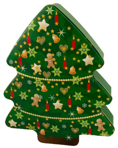 MediMuc Weihnachtsbaum - weihnachtlich bedruckte Dose in Form eines geschmückten Tannenbaums - lebensmittelecht - Aufbewahrungsdose, Keksdose, Blechdose - (LxBxH): 22 x 18 x 4cm
