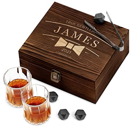 Maverton Whiskey Stones Set with 2 Glasses - Chilling Rocks in Wooden Engraved Box - 8 Reusable ice Cubes - Present for a Whiskey Lover - Birthday Gift for Men - for Connoisseur - Gentleman