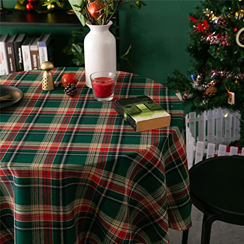 FC Fancy Rot-grüne karierte Tischdecken, waschbar, Baumwollleinen, Tischdecke, Weihnachten, rustikal, dekorativ, kariert, runde Tischdecke für Zuhause, Hochzeit, Urlaub, Party, Picknick