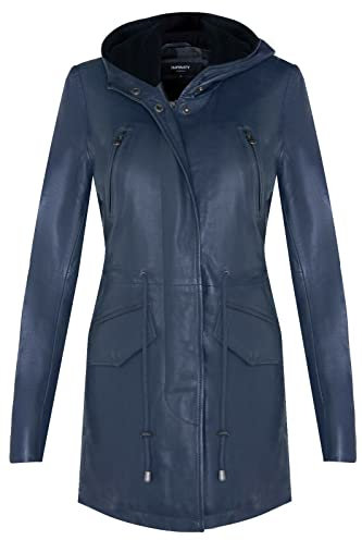 Women's Navy Leather Hooded Parker Jacket Multi-Pocket Trench Coat XL