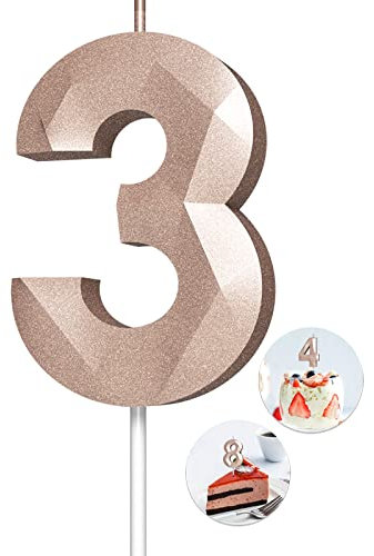 Number Birthday Candles(3 Candle Rose Gold) 3D Diamond Shape Number Happy Birthday Cake Candles for Birthday Party Wedding Decoration Reunions Theme Party