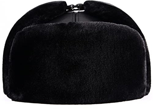 ZHOUXIAO Winter Lederhut Aviator Hut Ohrlappen, Unisex Winddichte wasserdichte Mütze Echte Lederhüte Bomber Trapper Hut,warme Jagd Hut Russian Kunstpelz Trooper Hut, Geschenk black-60-61CM