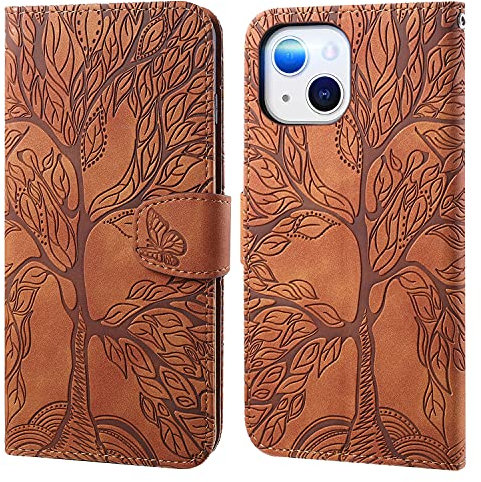 Aisenth Handyhülle für iPhone 14 (6,1 Zoll), Baum Muster Leder Handytasche Brieftasche Klapphülle Etui Wallet Flip Case Schutz Hülle mit TPU innen Schale, Kartenfächer, Aufstellfunktion -Braun