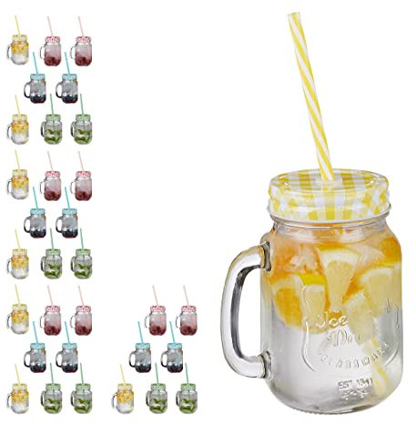 Relaxdays Verres avec Paille, Couvercle et Anse, Lot de 32, HLP 13x10,5x15 cm, 400 ML, Limonade, Boissons glacées, Multicolore