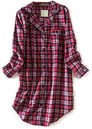 CHUNG Chemise de Nuit à Manches Longues Boutonnée pour Femme - Pyjama à Carreaux en Flanelle et Coton, Carreaux Gris, S