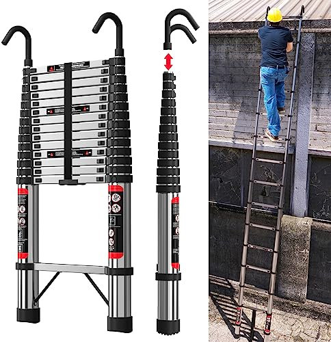 4.4M Telescopic Ladder with Hooks, Stainless Steel & Folding Design14 Steps, 330LBS Load, Muilti-Purpose Foldable & Extendable Ladder with EN 131 Certification