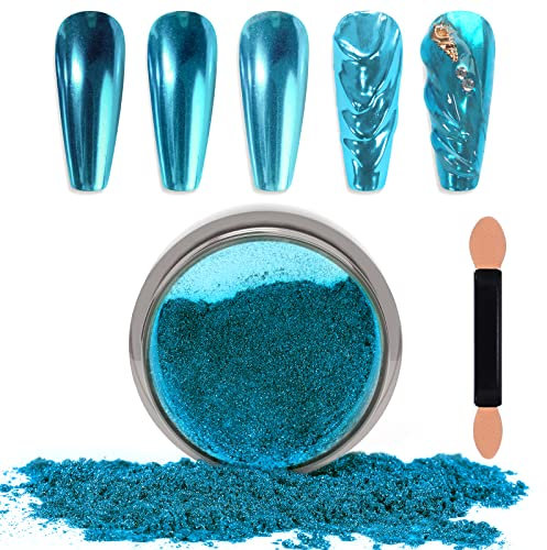 Laza Chrome Nail Powder Mirror Effect Metallic Dust Holographic Glitter Glazed Manicure Decoration Reflective Pigment for DIY Gel Polish Nail Art, Resin Craft, Gifts - Lake Blue