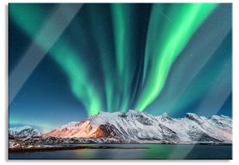 Pixxprint Glasbild, Wandbild aus Echtglas, Nordlichter über Gletscher in Norwegen, 100x70 cm, inkl. Aufhängung und Abstandshalter