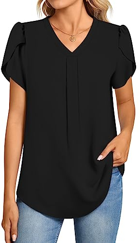 Aodemo Women Summer Dressy Chiffon Blouse Petal Short Sleeve V Neck Tunic Tops Office Casual T-Shirt S, Black