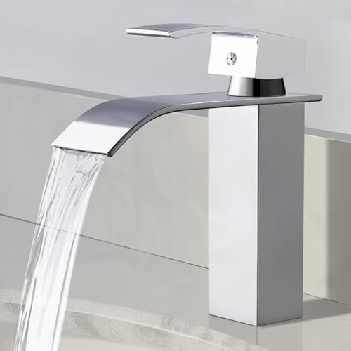 Wasserfall Wasserhahn,Edelstahl Waschtischarmatur Bad,Moderner Upgrade Wasserfall Beckenhahn Mit Kalt,Warmwasserfunktion,mühelos zu installieren,Für Toilet,Badezimmer,Waschbecken,Chrom-Finish,Silber