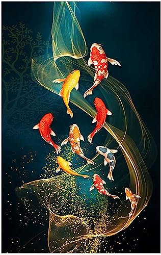 HTWLMM Koi Fisch Leinwand Malerei Rot Koi Fisch Landschaft Bilder Feng Shui Poster Kunstdruck für Wohnzimmer Schlafzimmer Wandbilder Deko Rahmenlos (30X60CM,A-1)